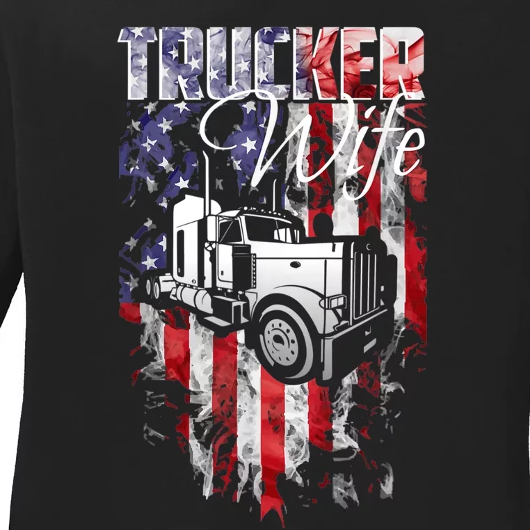 TRUCKER WIFE Proud Truck Driver Wife USA Flag Truckers Wife Ladies Long Sleeve Shirt