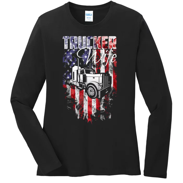 TRUCKER WIFE Proud Truck Driver Wife USA Flag Truckers Wife Ladies Long Sleeve Shirt