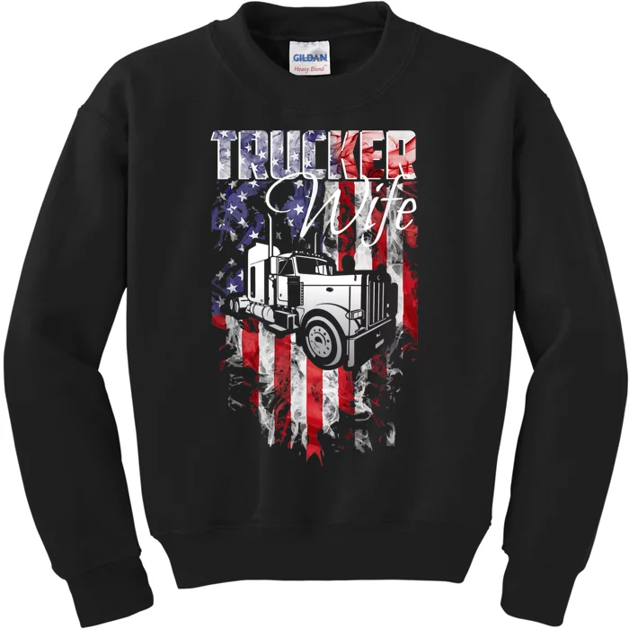 TRUCKER WIFE Proud Truck Driver Wife USA Flag Truckers Wife Kids Sweatshirt