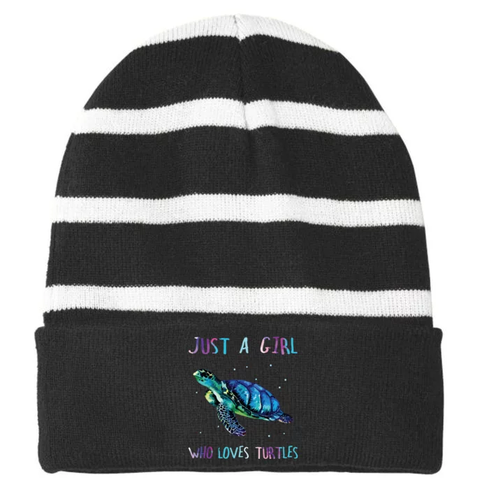 Turtle Watercolor Sea Ocean Just A Girl Who Loves Turtles Striped Beanie with Solid Band