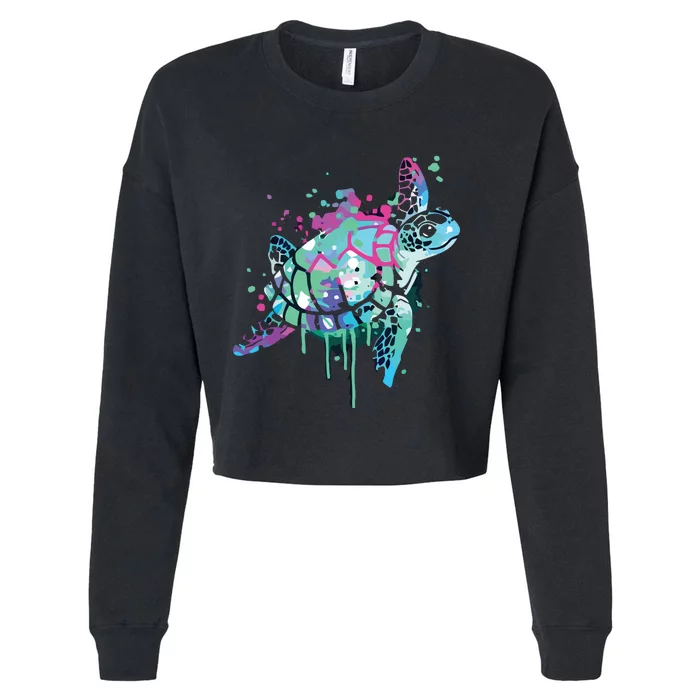 Turtle Watercolor Sea Ocean Wildlife Animal Cropped Pullover Crew