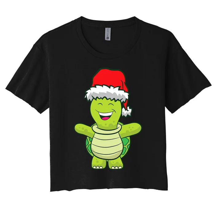 Turtle With Santa Hat Cute Turtle Christmas Women's Crop Top Tee