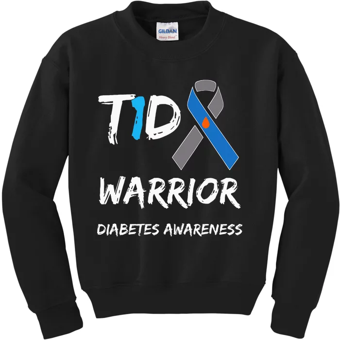 T1d Warrior Type 1 Diabetes Awareness Blue Ribbon Kids Sweatshirt