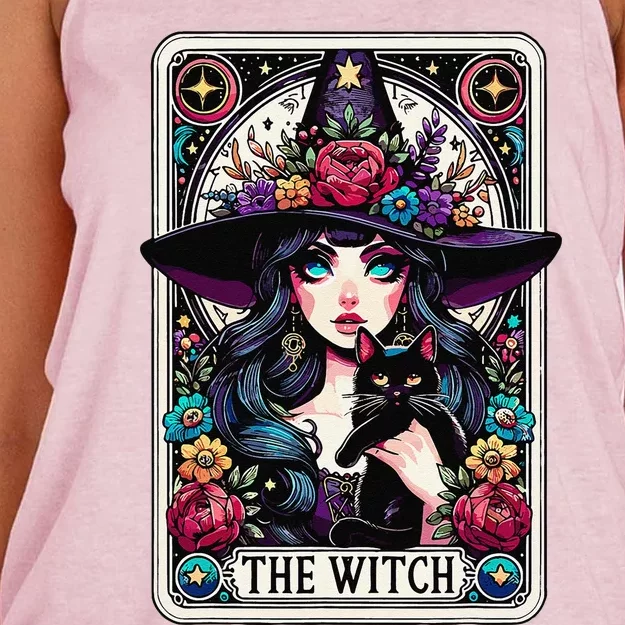 The Witch Tarot Card Halloween Gothic Witchy Vibes Black Cat Women's Knotted Racerback Tank