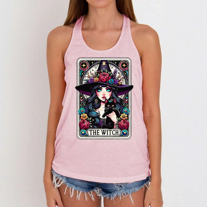 The Witch Tarot Card Halloween Gothic Witchy Vibes Black Cat Women's Knotted Racerback Tank