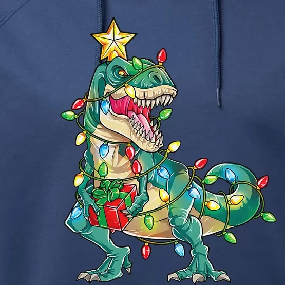 TRex with Tree lights Family Xmas Dinosaur Performance Fleece Hoodie