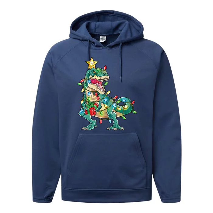 TRex with Tree lights Family Xmas Dinosaur Performance Fleece Hoodie