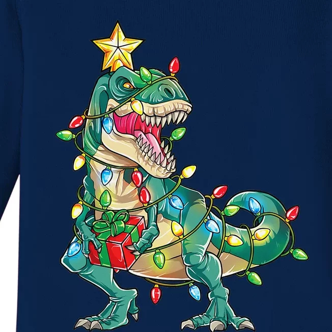 TRex with Tree lights Family Xmas Dinosaur Baby Long Sleeve Bodysuit