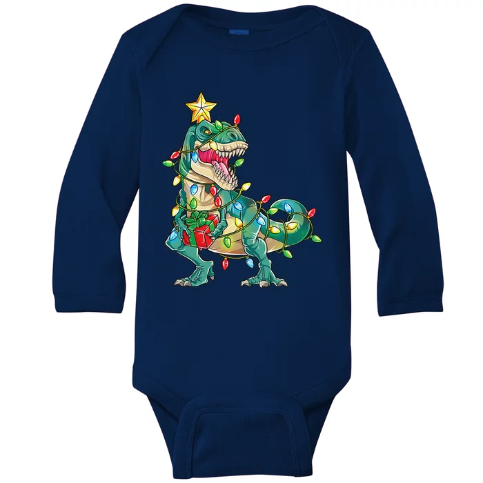 TRex with Tree lights Family Xmas Dinosaur Baby Long Sleeve Bodysuit