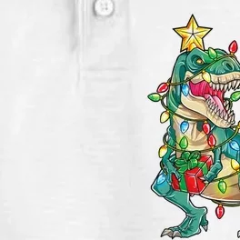 TRex with Tree lights Family Xmas Dinosaur Dry Zone Grid Performance Polo