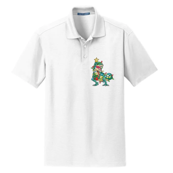 TRex with Tree lights Family Xmas Dinosaur Dry Zone Grid Performance Polo