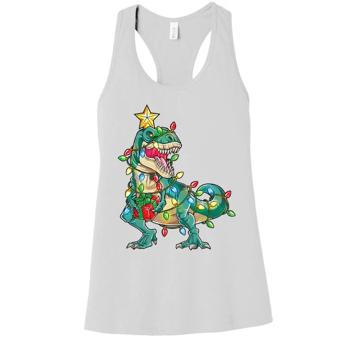 TRex with Tree lights Family Xmas Dinosaur Women's Racerback Tank