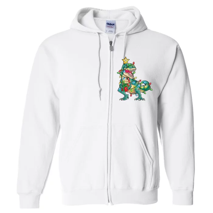 TRex with Tree lights Family Xmas Dinosaur Full Zip Hoodie