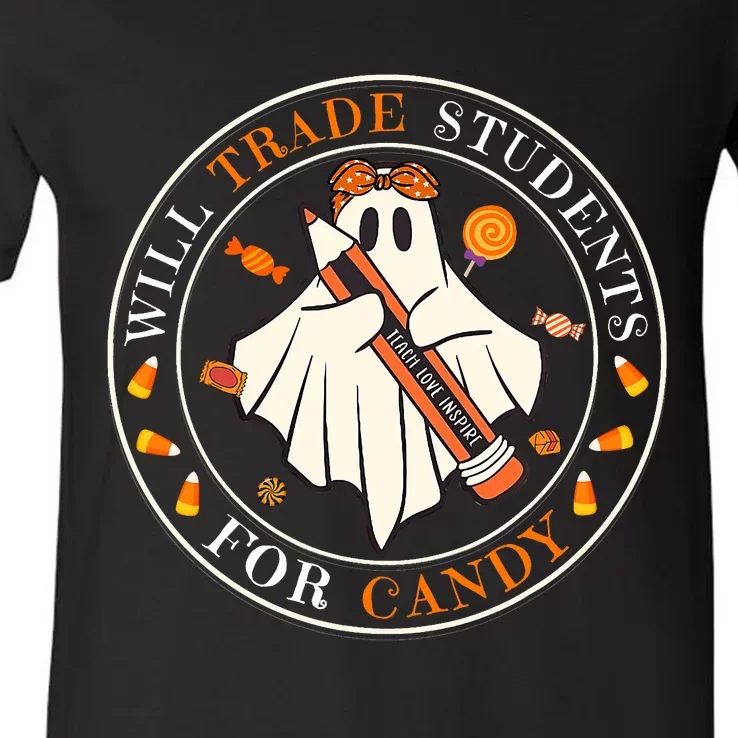 Teacher Will Trade Students For Candy Easy Halloween Costume V-Neck T-Shirt