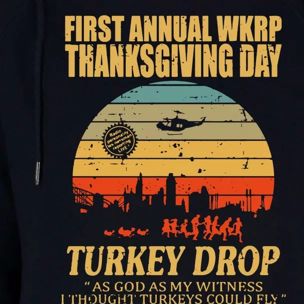 Thanksgiving Wkrp Turkey Drop Womens Funnel Neck Pullover Hood