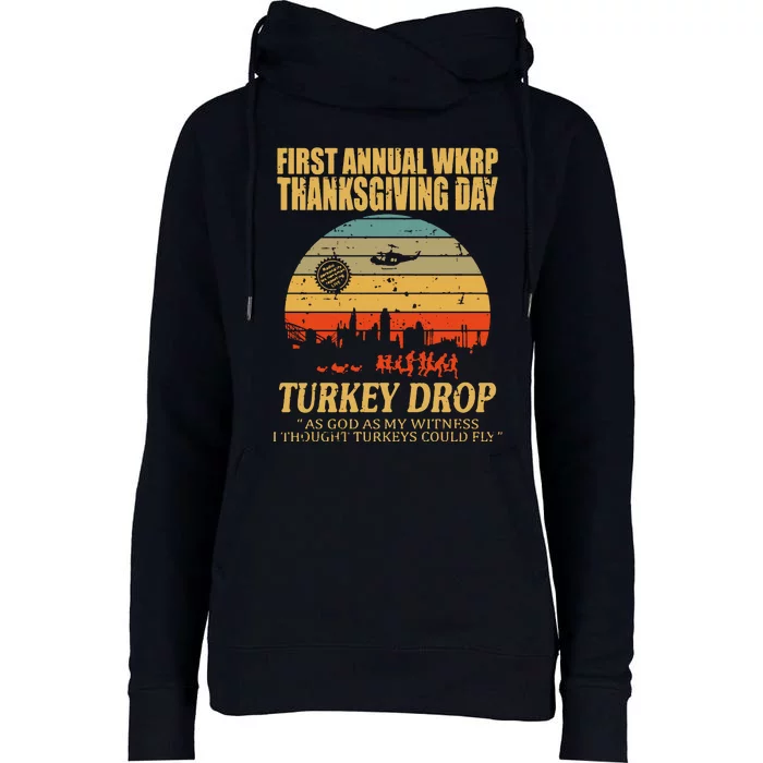 Thanksgiving Wkrp Turkey Drop Womens Funnel Neck Pullover Hood