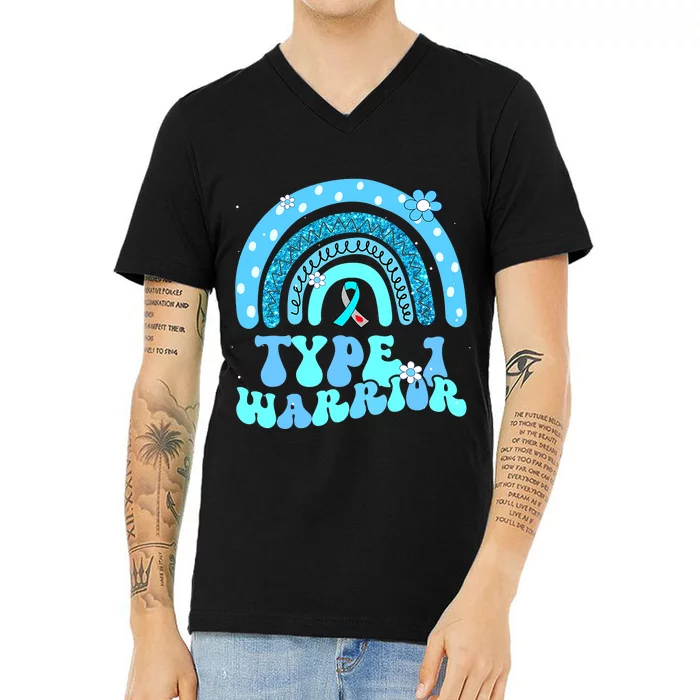 T1D Warrior Type 1 Diabetes Awareness Blue Ribbon V-Neck T-Shirt