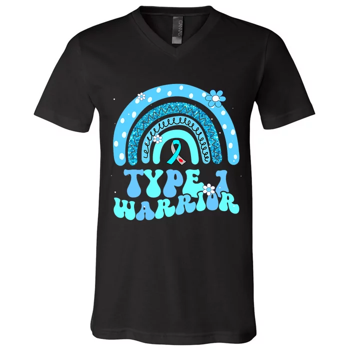 T1D Warrior Type 1 Diabetes Awareness Blue Ribbon V-Neck T-Shirt