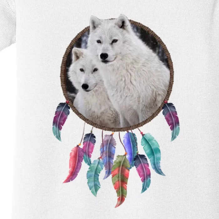 Two White Wolves Dream Catcher Baby Bodysuit