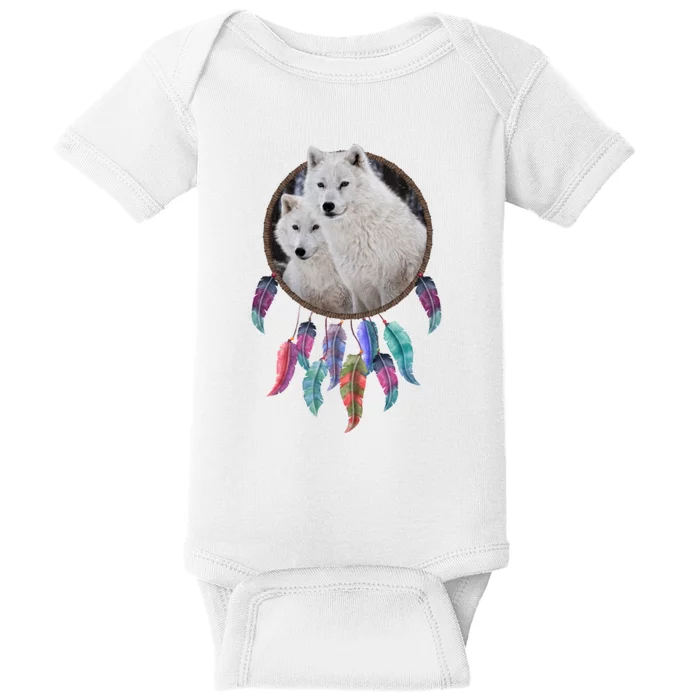 Two White Wolves Dream Catcher Baby Bodysuit