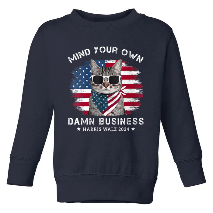 Tim Walz Waltz Mind Your Own Damn Business Funny Cat Design Toddler Sweatshirt