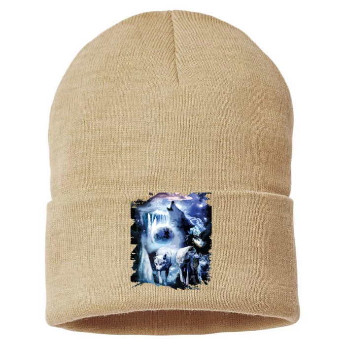 Tropical Wolves Wolf Howling At Moon Sustainable Knit Beanie