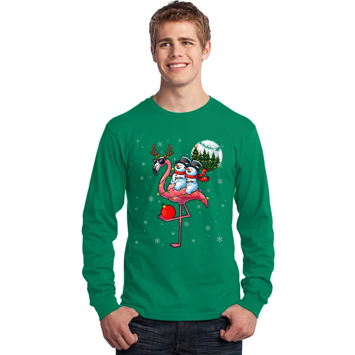 Two Xmas Snowmen Riding Flamingo Reindeer Sunglasses Long Sleeve Shirt