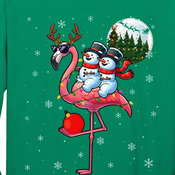 Two Xmas Snowmen Riding Flamingo Reindeer Sunglasses Long Sleeve Shirt