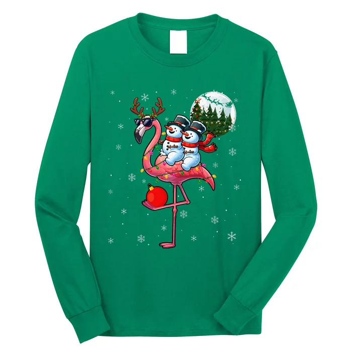 Two Xmas Snowmen Riding Flamingo Reindeer Sunglasses Long Sleeve Shirt