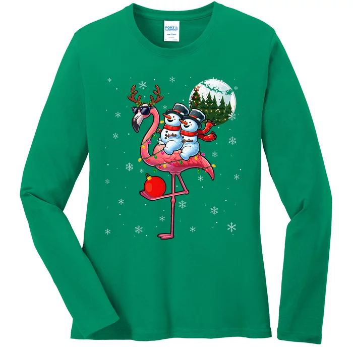 Two Xmas Snowmen Riding Flamingo Reindeer Sunglasses Ladies Long Sleeve Shirt