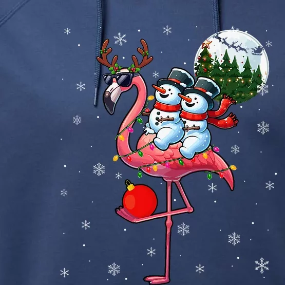 Two Xmas Snowmen Riding Flamingo Reindeer Sunglasses Performance Fleece Hoodie