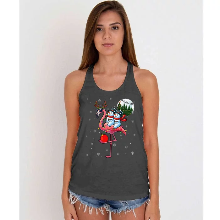 Two Xmas Snowmen Riding Flamingo Reindeer Sunglasses Women's Knotted Racerback Tank