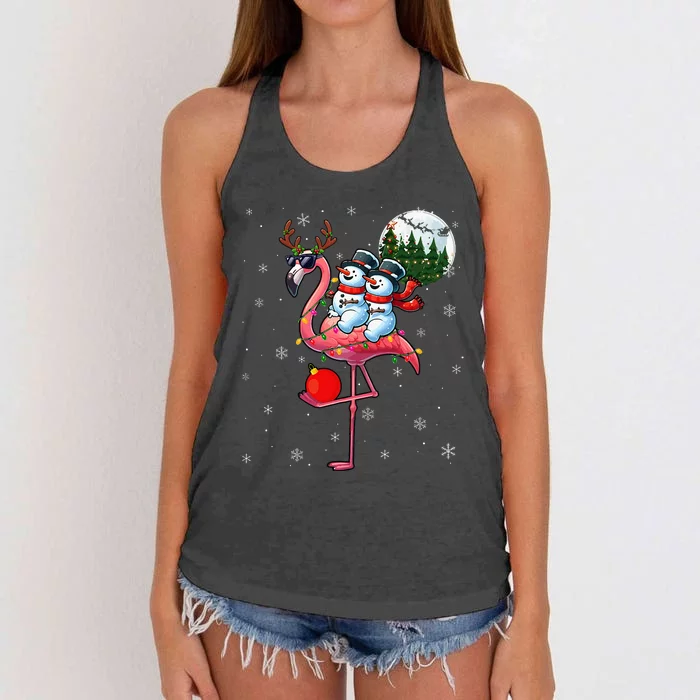 Two Xmas Snowmen Riding Flamingo Reindeer Sunglasses Women's Knotted Racerback Tank