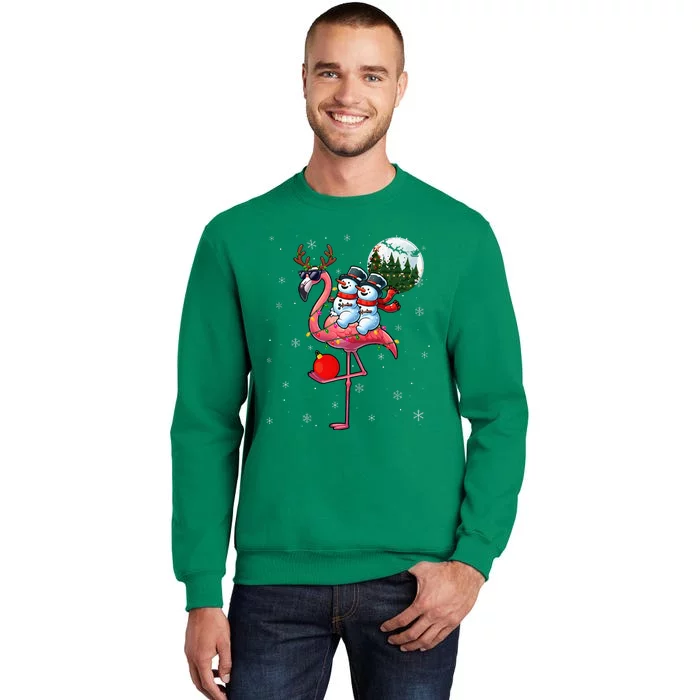 Two Xmas Snowmen Riding Flamingo Reindeer Sunglasses Sweatshirt