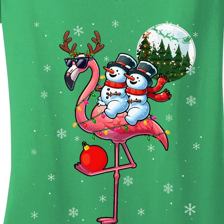 Two Xmas Snowmen Riding Flamingo Reindeer Sunglasses Women's V-Neck T-Shirt