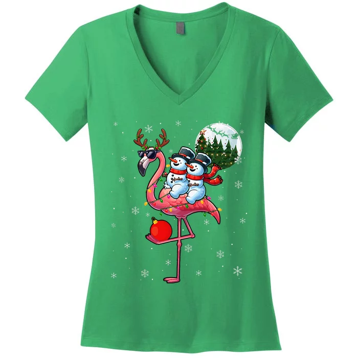 Two Xmas Snowmen Riding Flamingo Reindeer Sunglasses Women's V-Neck T-Shirt