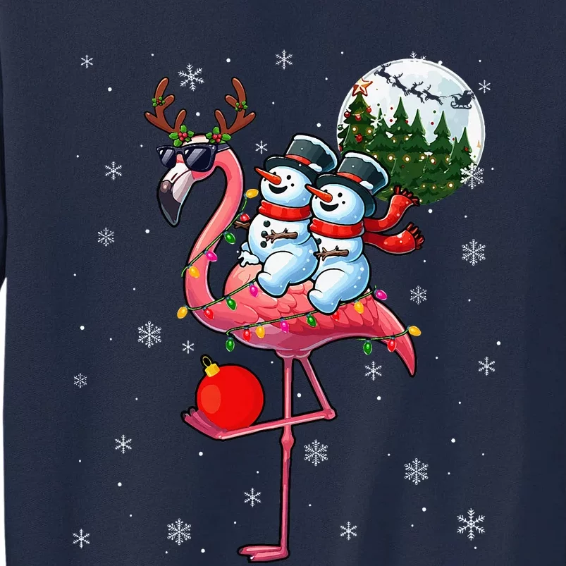 Two Xmas Snowmen Riding Flamingo Reindeer Sunglasses Tall Sweatshirt