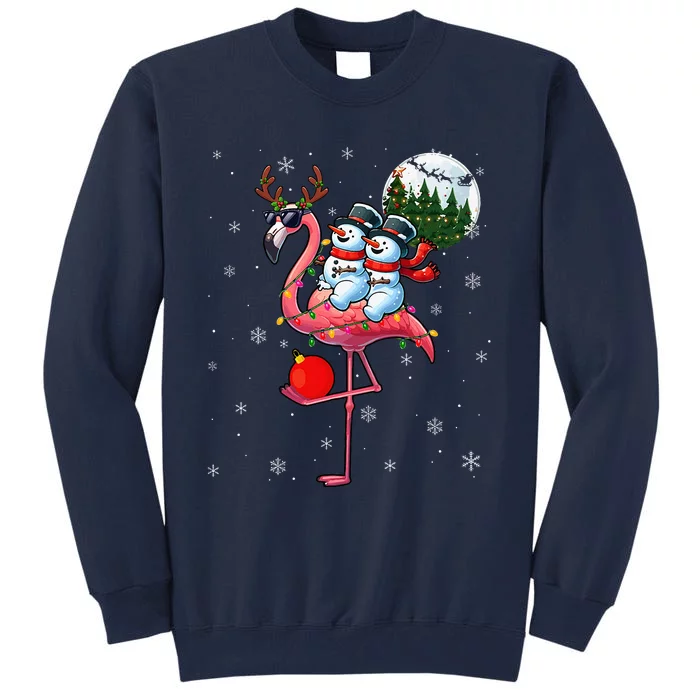 Two Xmas Snowmen Riding Flamingo Reindeer Sunglasses Tall Sweatshirt