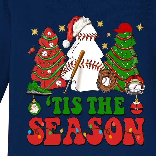 Tis Xmas The Season Baseball Christmas Tree Cakes Debbie Cool Gift Baby Long Sleeve Bodysuit