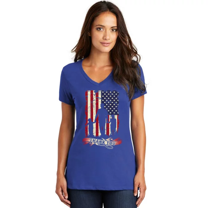 Thank You Daddy American Flag Fathers Day Present For Dad Cute Gift Women's V-Neck T-Shirt