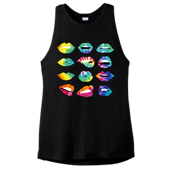 Tye Dye Colorful Hippy Lips Ladies Tri-Blend Wicking Tank