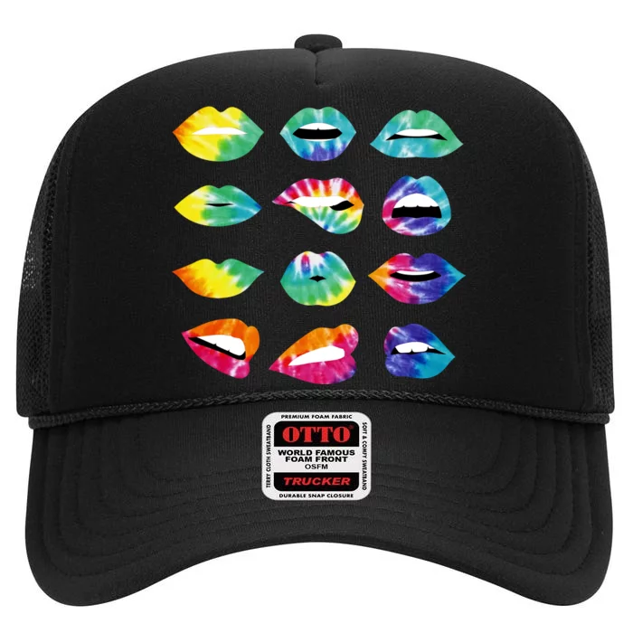 Tye Dye Colorful Hippy Lips High Crown Mesh Trucker Hat