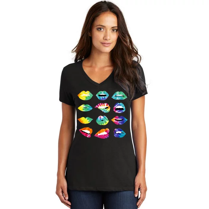 Tye Dye Colorful Hippy Lips Women's V-Neck T-Shirt