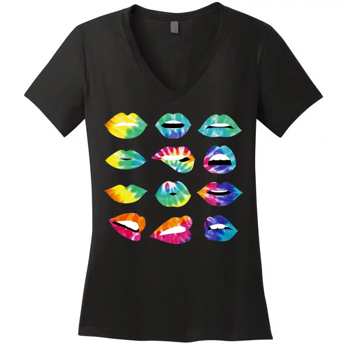 Tye Dye Colorful Hippy Lips Women's V-Neck T-Shirt