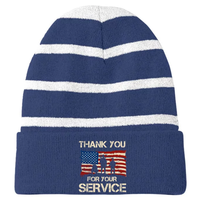 Thank You For Your Service Veterans Day Vintage USA Striped Beanie with Solid Band