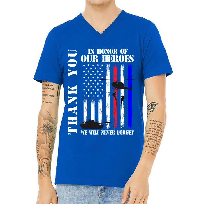 Thank You Honor Our Heroes Never Forget Memorial Day Flag Gift V-Neck T-Shirt