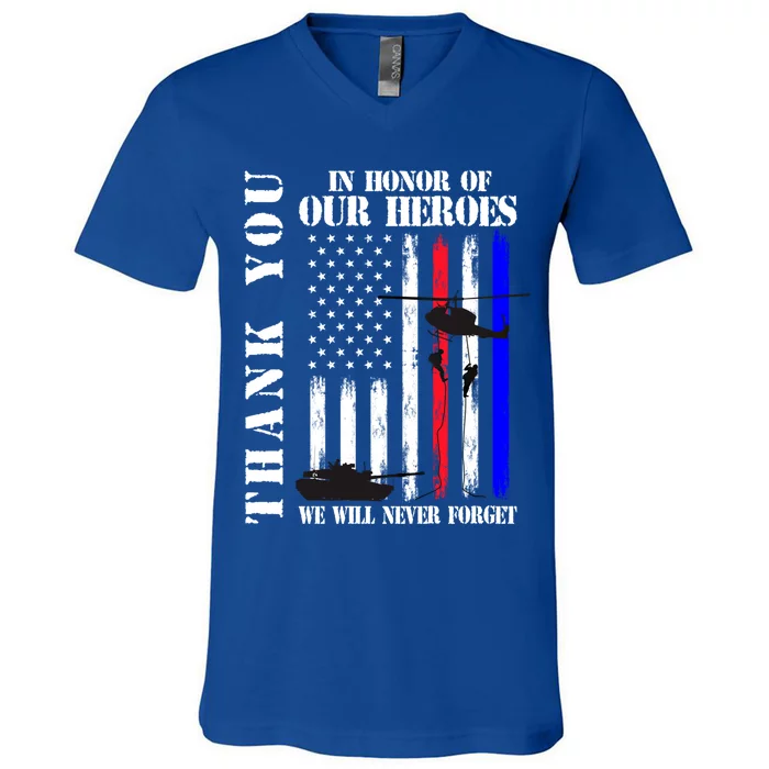 Thank You Honor Our Heroes Never Forget Memorial Day Flag Gift V-Neck T-Shirt