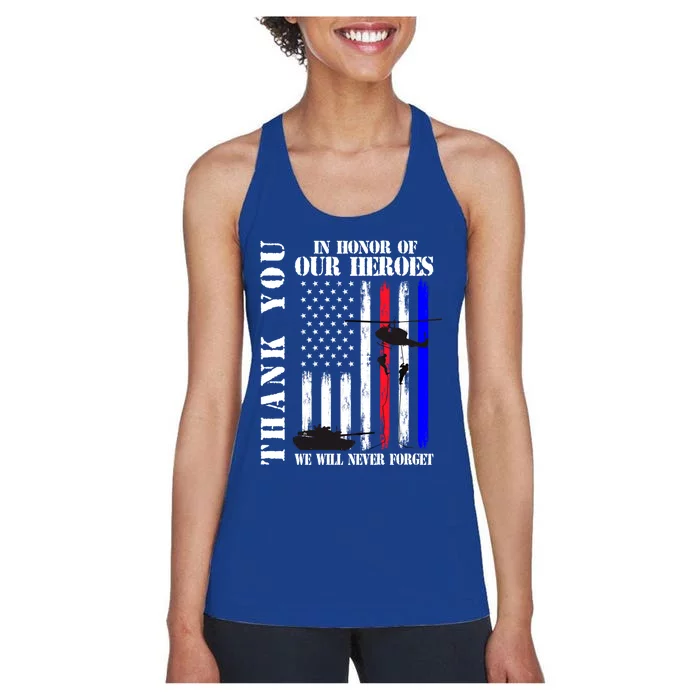 Thank You Honor Our Heroes Never Forget Memorial Day Flag Gift Women's Racerback Tank