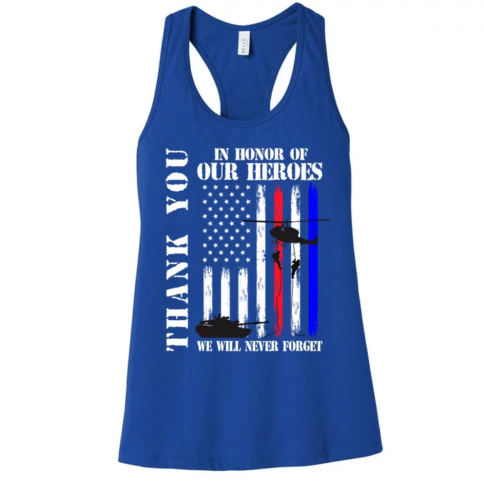 Thank You Honor Our Heroes Never Forget Memorial Day Flag Gift Women's Racerback Tank