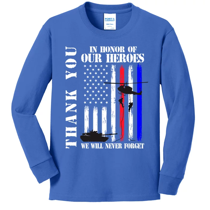 Thank You Honor Our Heroes Never Forget Memorial Day Flag Gift Kids Long Sleeve Shirt